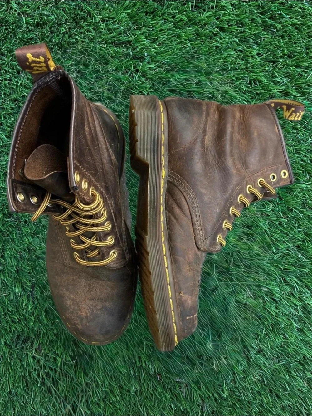 Dr. Martens 1460 Crazy Horse leather brown boots with yellow laces